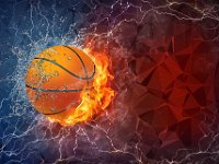 Basketball ball in fire and water  Basketball ball on fire and water with lightening around on abstract polygonal background. Horizontal layout with text space. : abstract, polygonal, polygon, american, art, gauge, burning, design, element, equipment, fire, flame, games, grunge, heat, home, icon, illustration, leisure, nobody, orange, painting, pastime, pattern, red, run, sign, softball, speed, sphere, sport, spotted, summer, symbol, team, usa, water, splashing, lightining, thunder, storm, liquid, basketball, ball, fastball